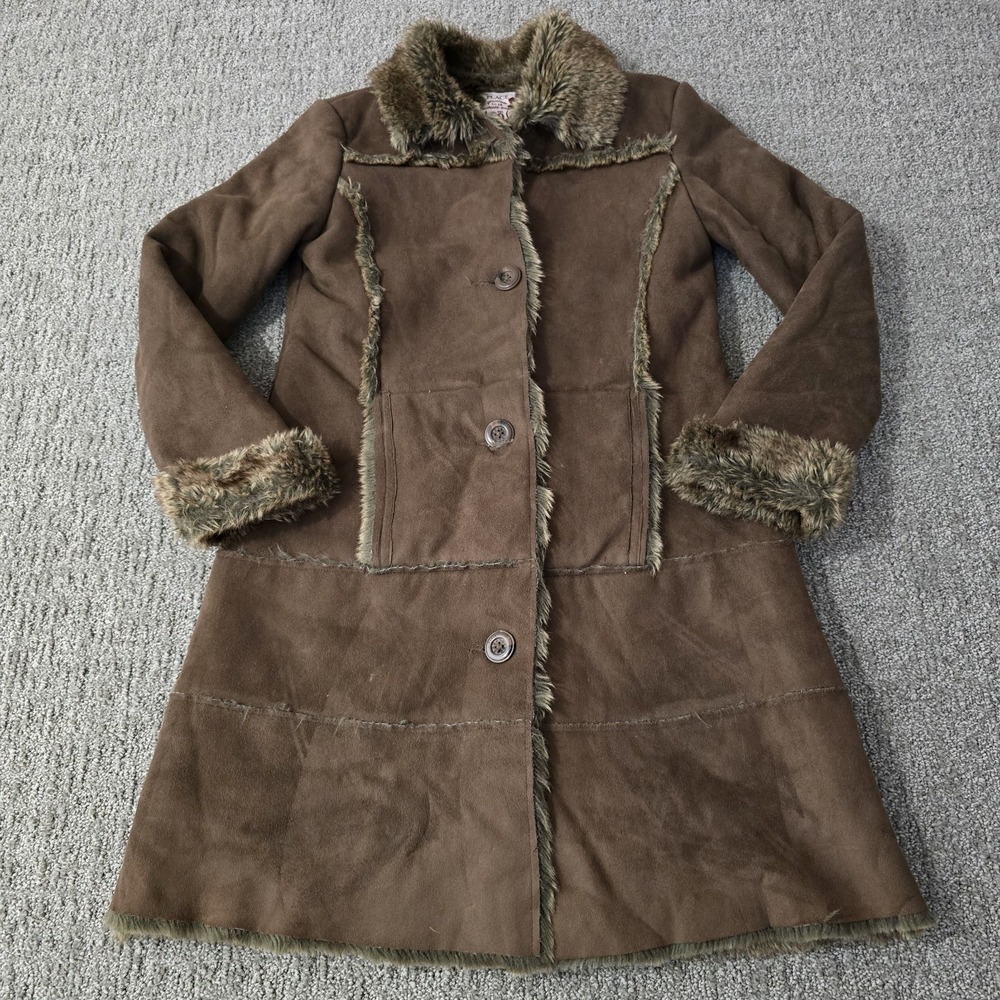 Place Premium 10/12 Brown Faux Suede Fur Trim Long Coat Penny Lane Y2K